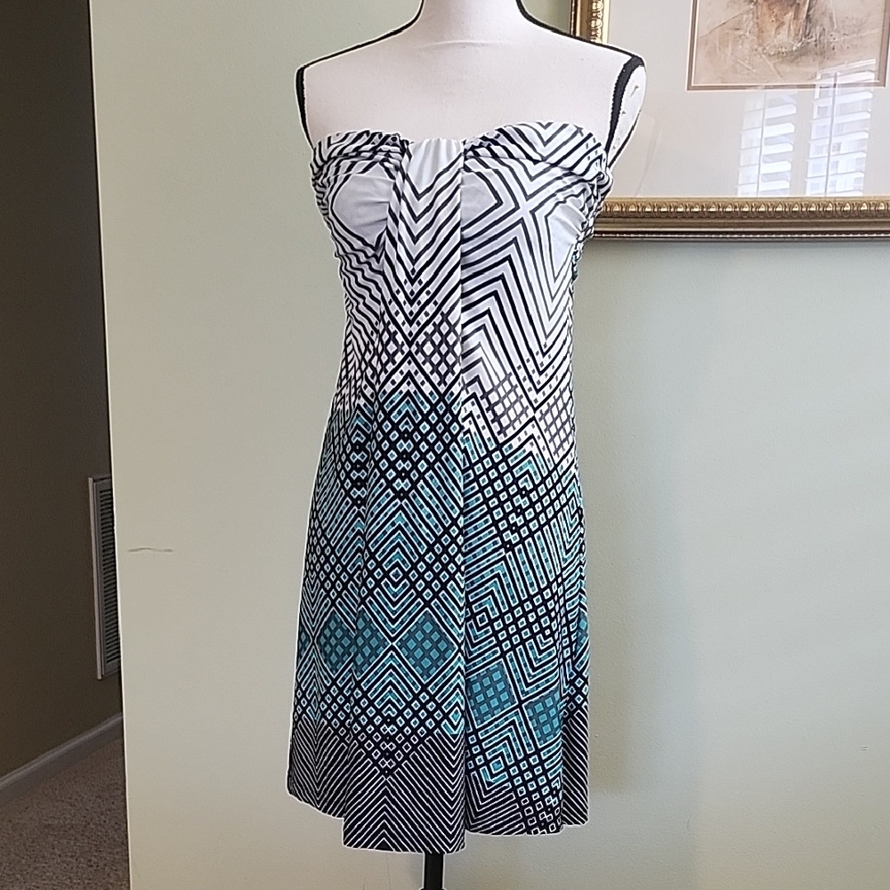Geometric Strapless Dress - Black, White, and Blue
